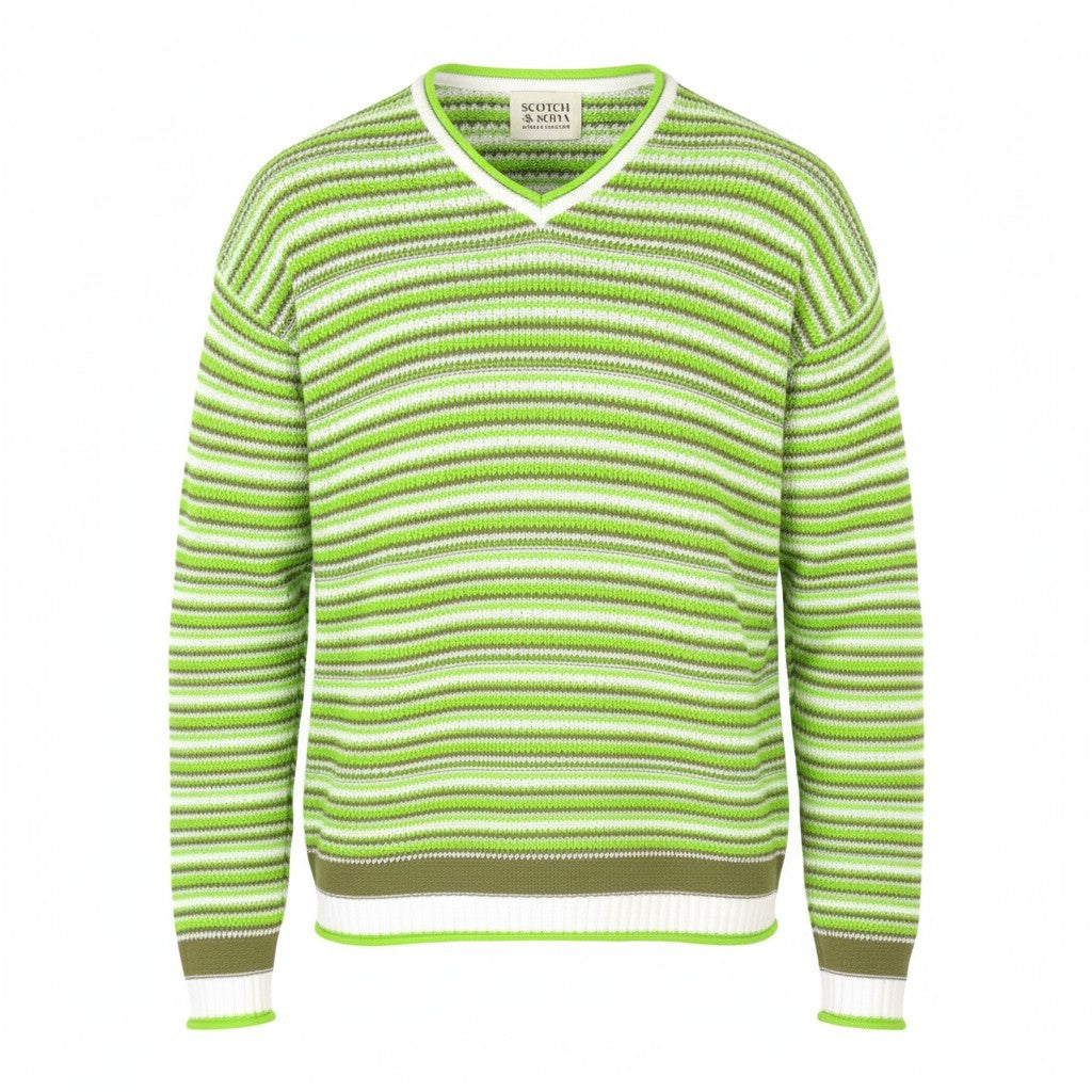 SCOTCH & SODA Men Jumper M Green Striped Tight Knit V-Neck Pull On