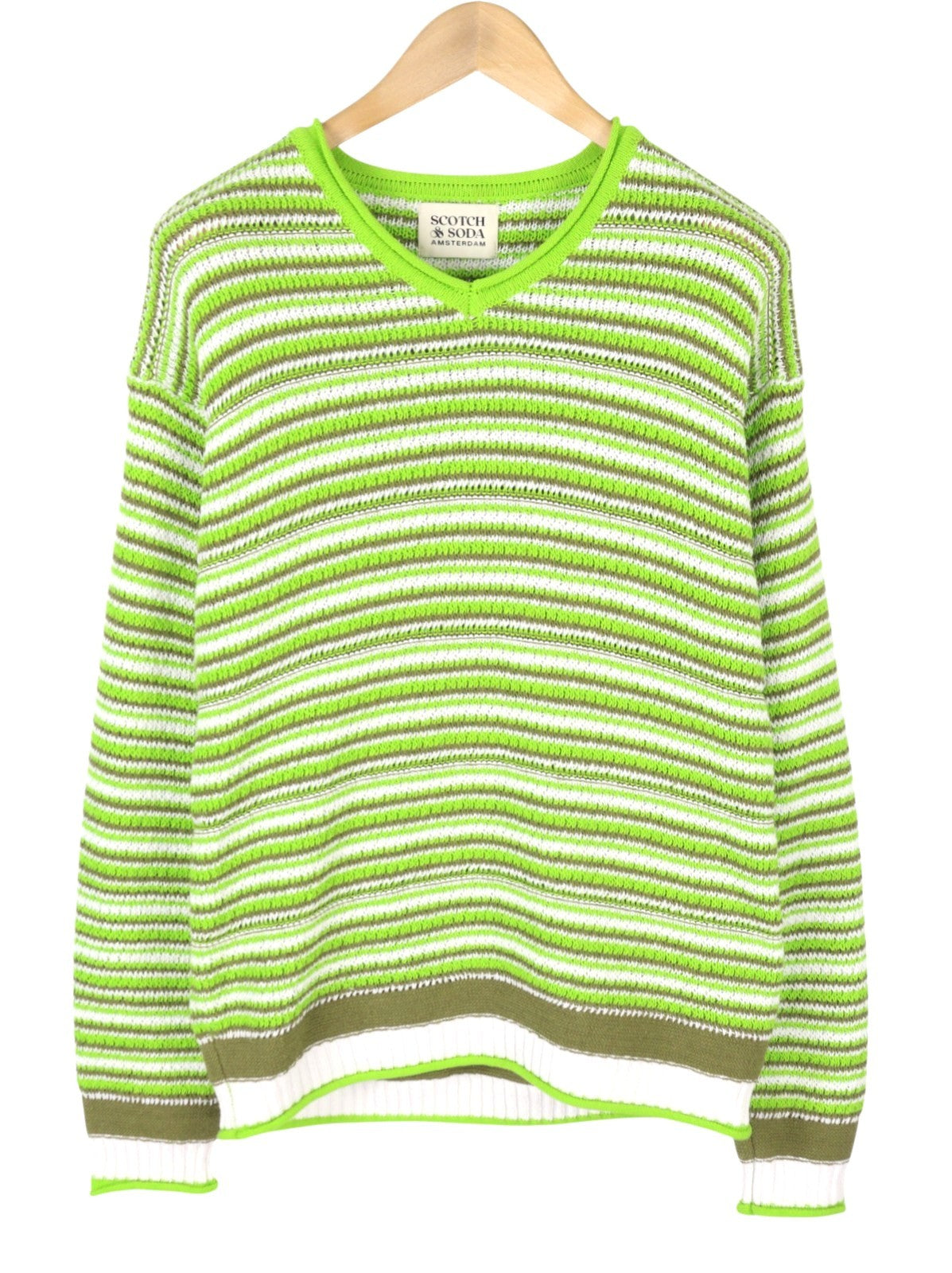 SCOTCH & SODA Men Jumper M Green Striped Tight Knit V-Neck Pull On
