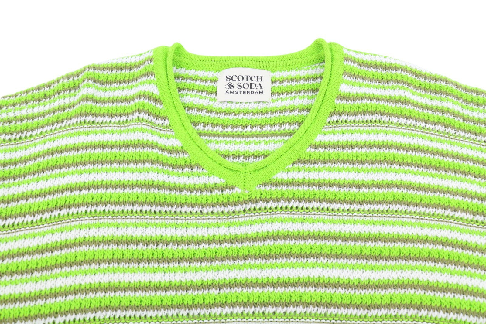 SCOTCH & SODA Men Jumper M Green Striped Tight Knit V-Neck Pull On