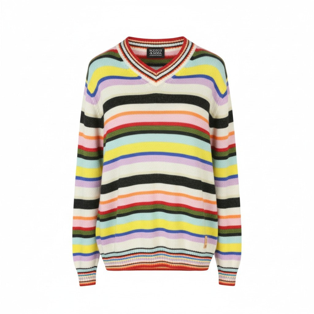 SCOTCH & SODA Men Jumper M Colourful Striped Tight Knit V-Neck Pull On