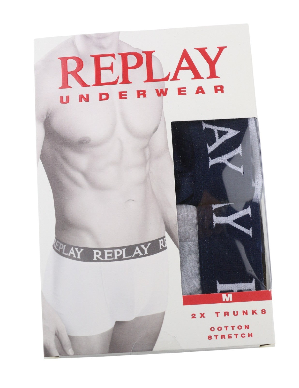 REPLAY Men Underwear M Blue Elastic Waist Cotton Stretch Trunks 2 Pack