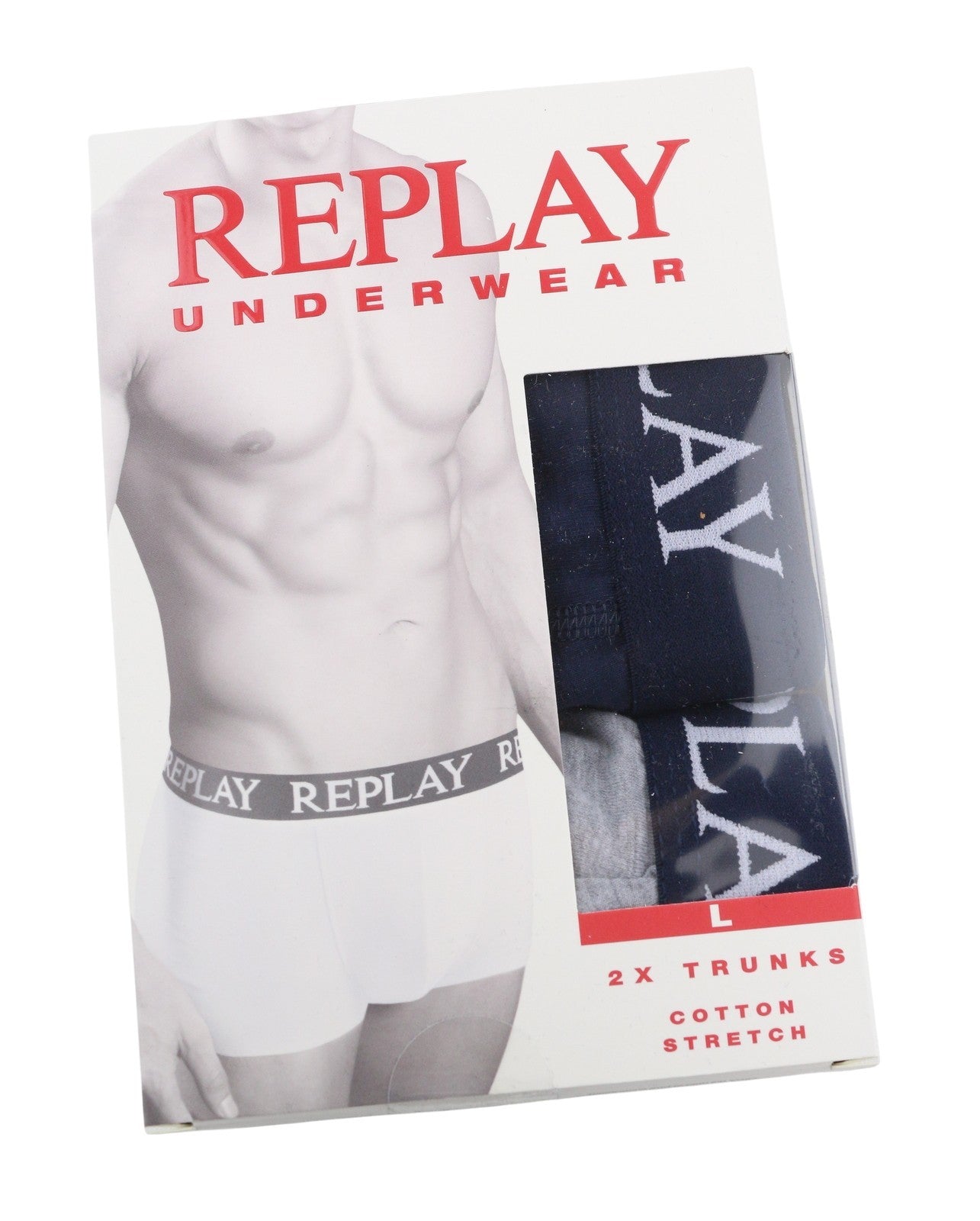 REPLAY Men Underwear L Blue Elastic Waist Cotton Stretch Trunks 2 Pack