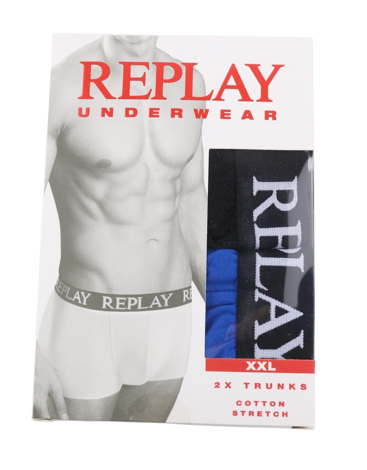 REPLAY Men Underwear 2XL Black Elastic Waist Cotton Stretch Trunks 2 Pack
