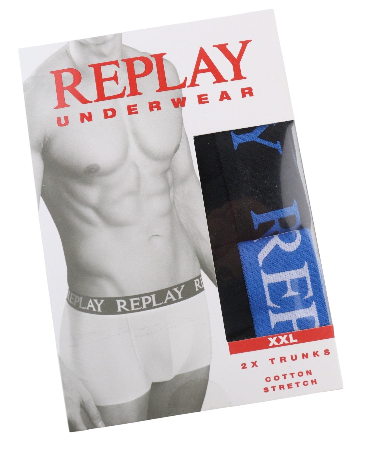 REPLAY Men Underwear 2XL Black Elastic Waist Cotton Stretch Trunks 2 Pack