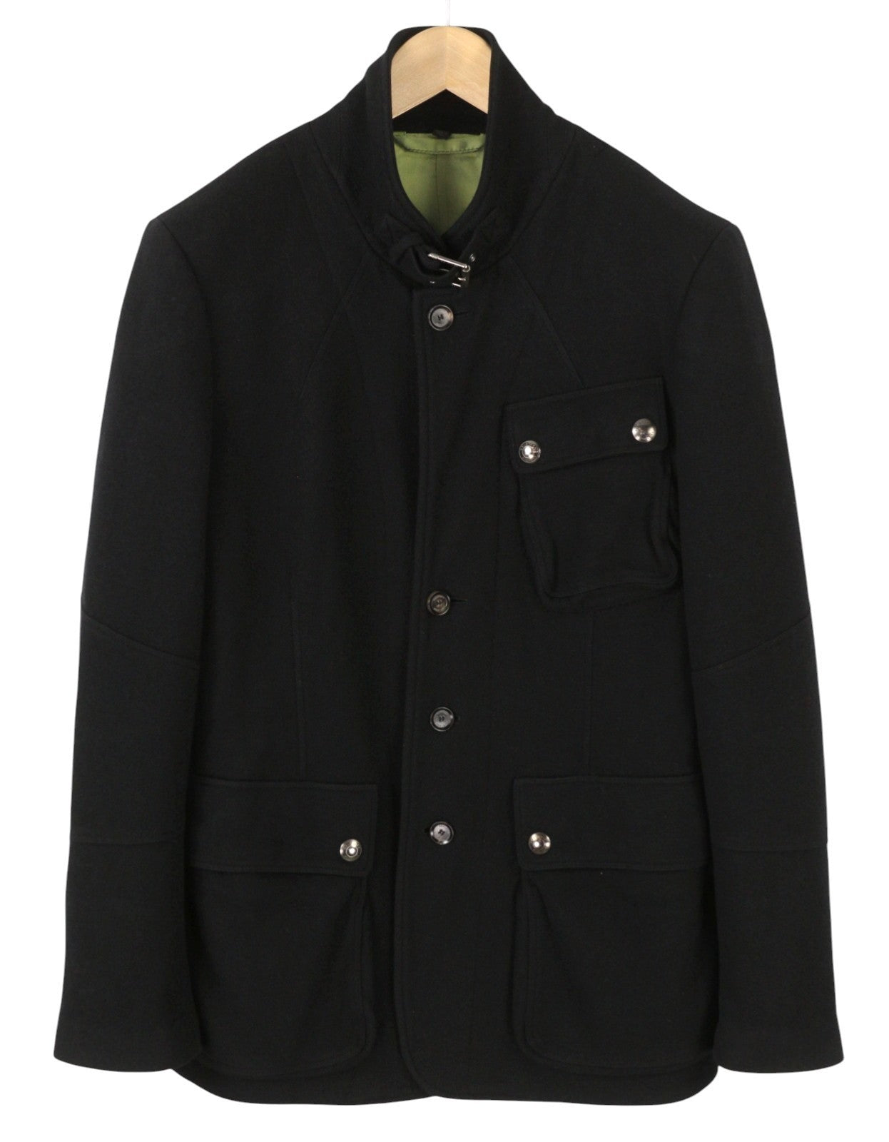 BELSTAFF Men Coat L Black Wool Cashmere Patch Pockets Button-Up Peacoat
