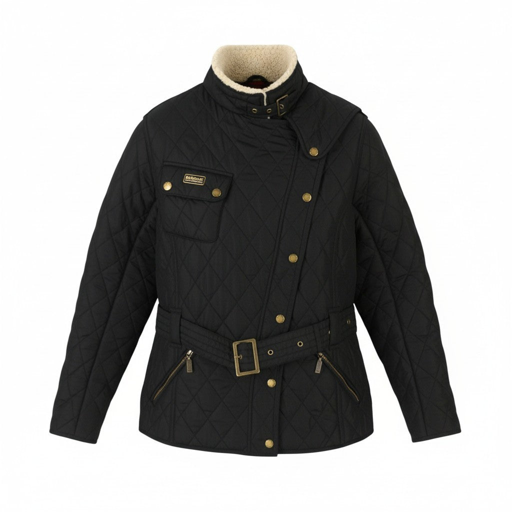 BARBOUR Matlock Quilt Women Jacket M Black Asymmetrical Zip Belted Sherpa