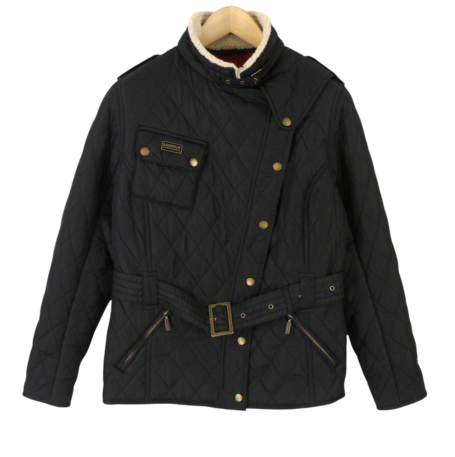 BARBOUR Matlock Quilt Women Jacket M Black Asymmetrical Zip Belted Sherpa