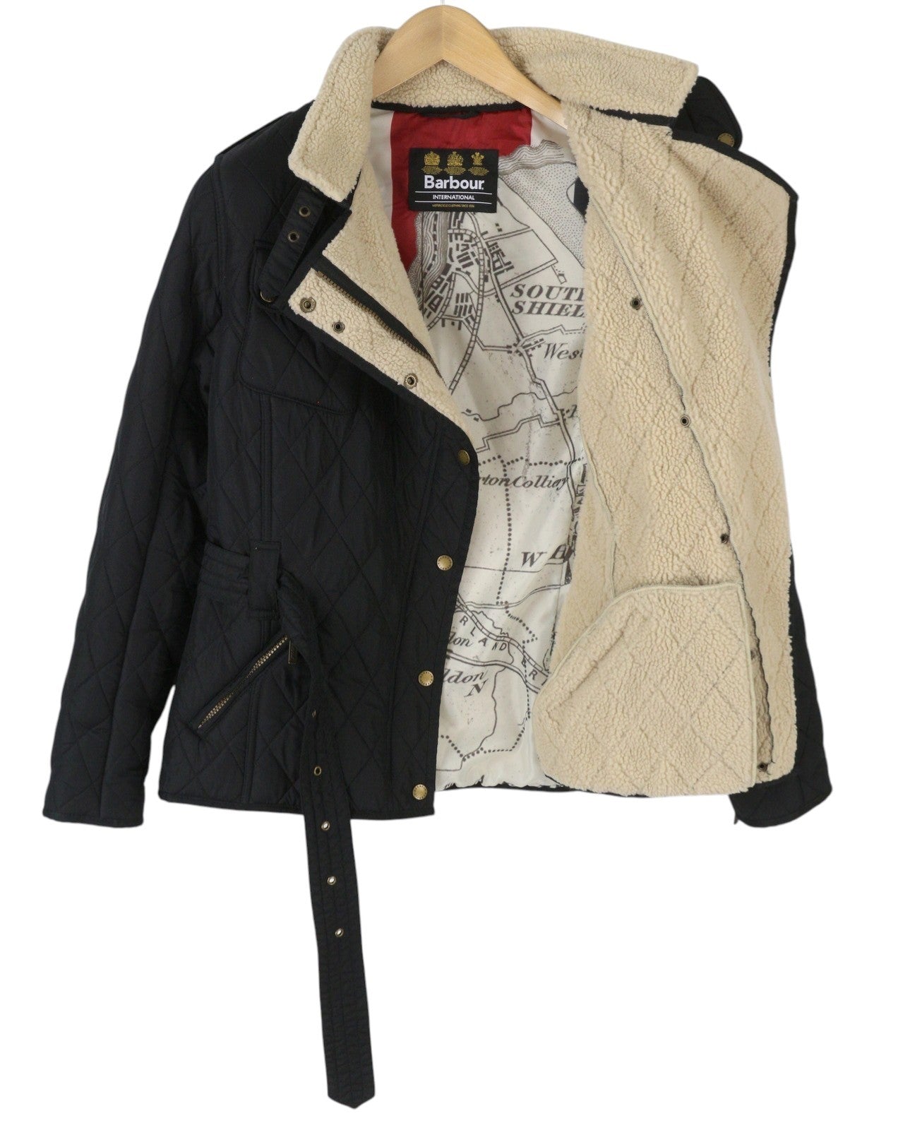 BARBOUR Matlock Quilt Women Jacket M Black Asymmetrical Zip Belted Sherpa