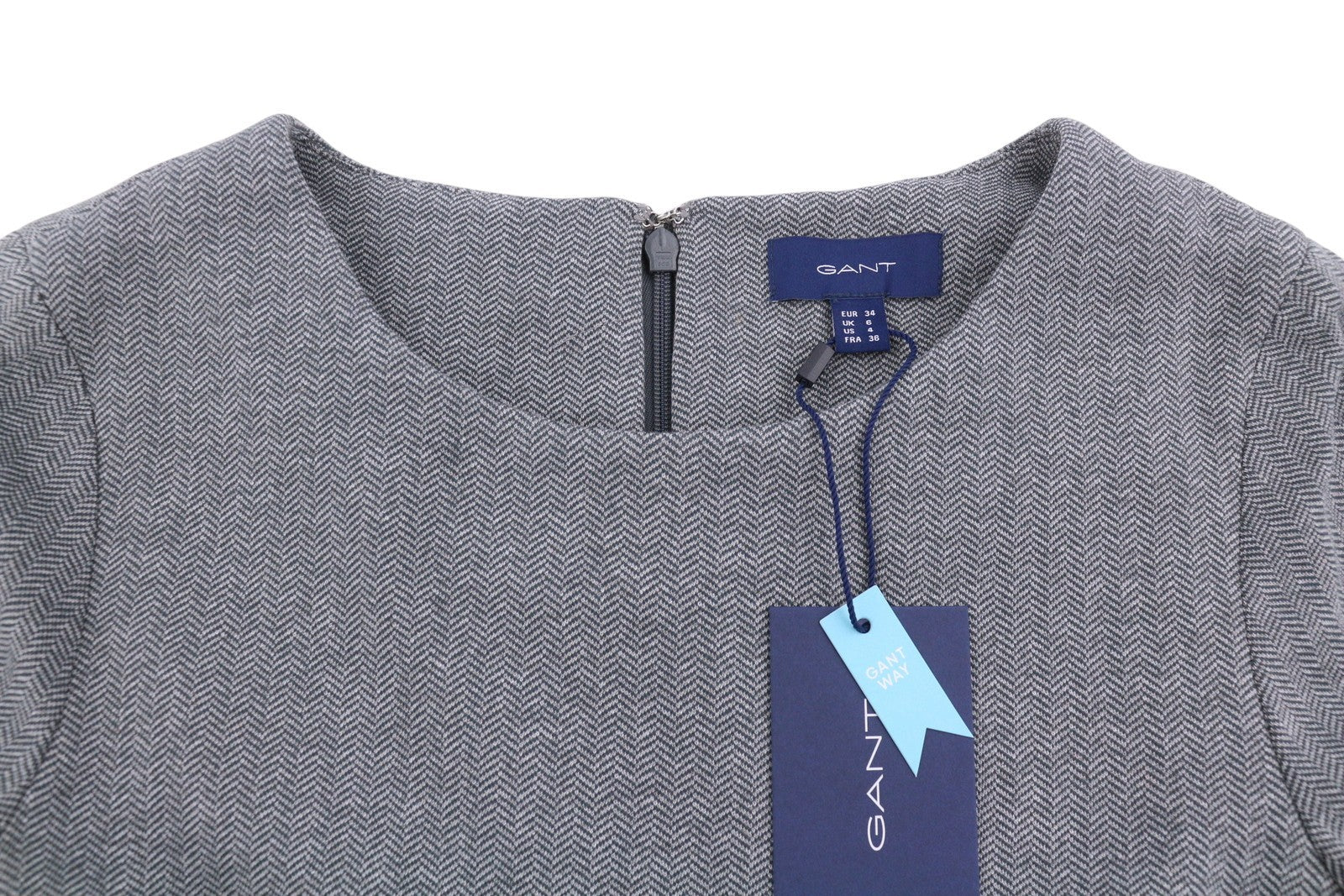 GANT Herringbone Jersey Shift Women Dress EU34 Grey Melange Pockets Mid Sleeve