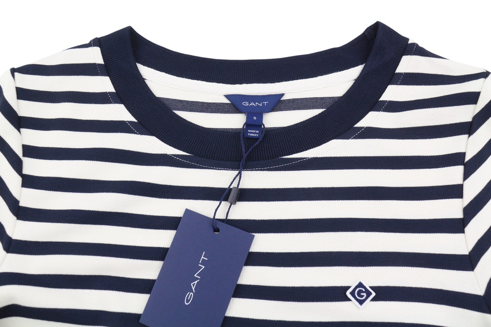 GANT Icon G Striped Jersey Women Dress S Evening Blue Crew Short Sleeve