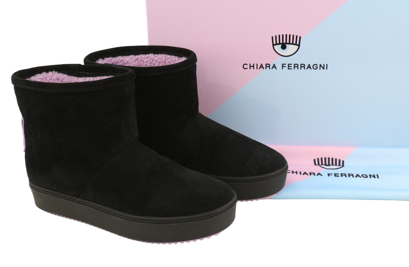 CHIARA FERRAGNI Ankle Eyelike Women Boots EU38 Black Suede Fleece Lined RRP275