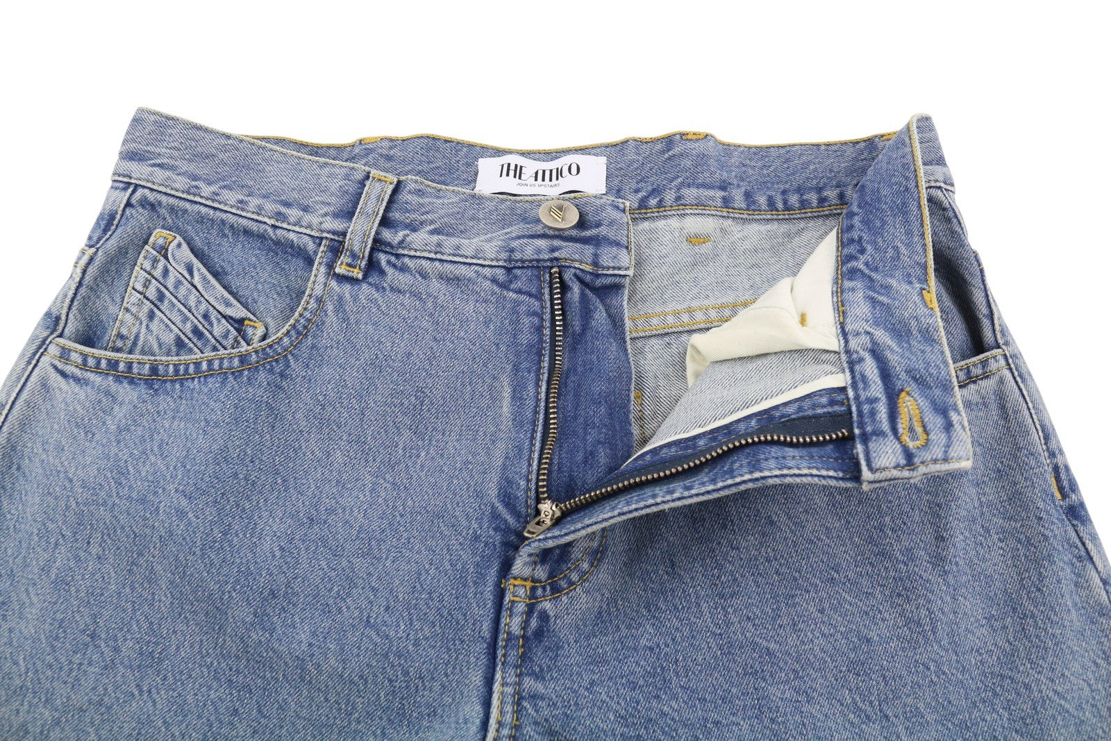 THE ATTICO Women Jeans W27 Blue Panel Overlap Straight Zip Fly RRP550