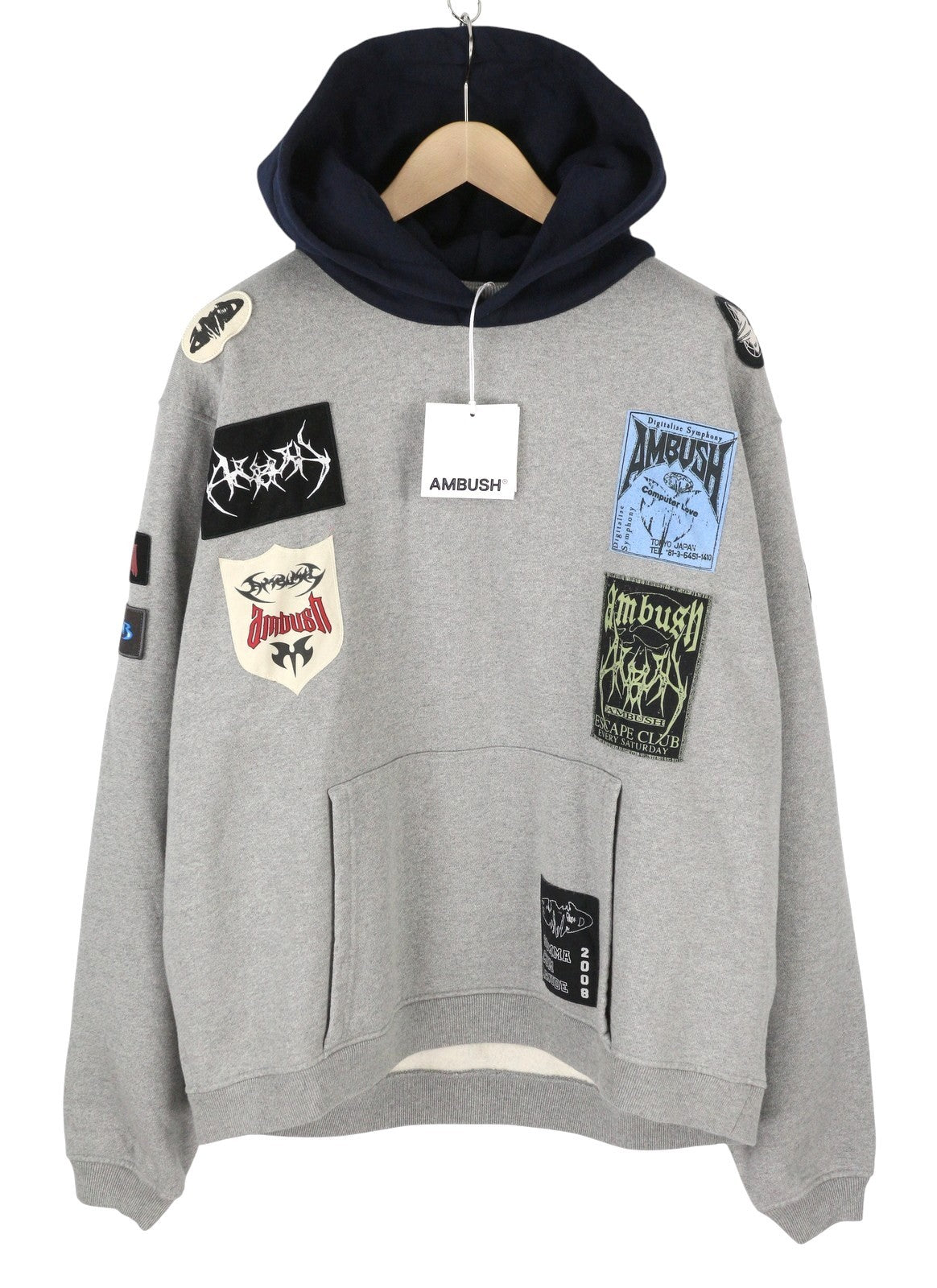 AMBUSH Logo Patchwork Cotton Men Hoodie L Grey Melange Kangaroo Pocket RRP845