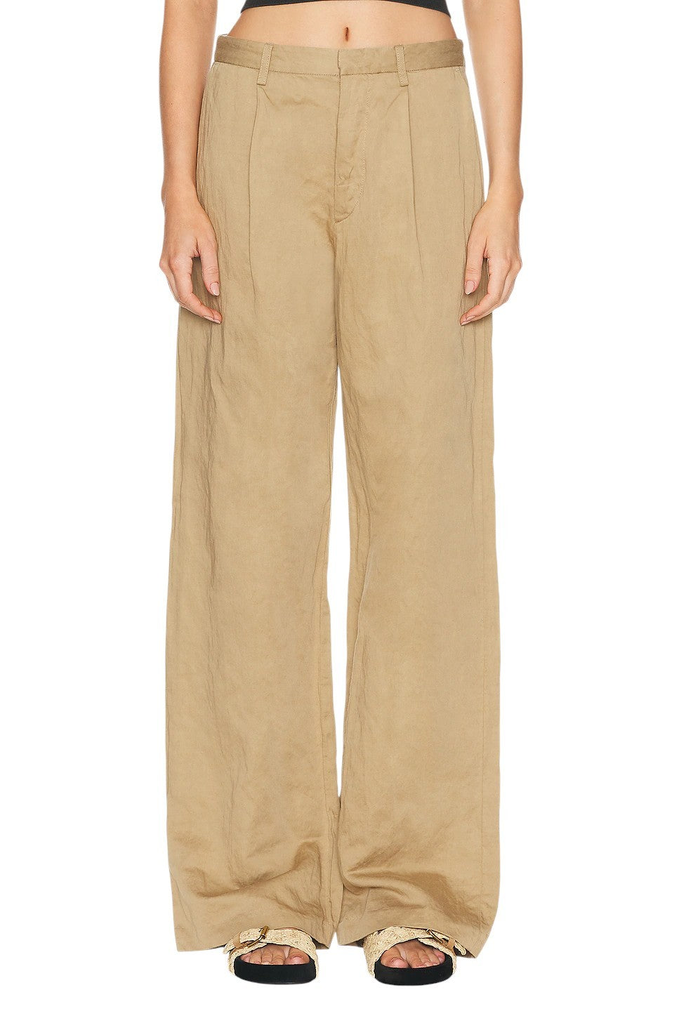 R13 Wide Leg Women Trousers 25 Khaki Linen Pleated Button RRP699