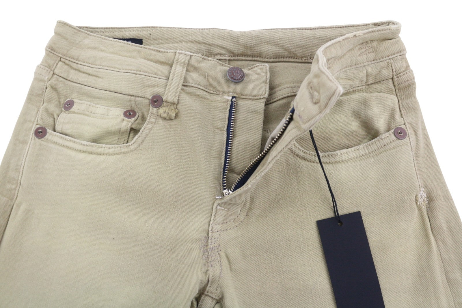 R13 Boy Straight Women Jeans 26 Khaki Stretch Cropped Zip RRP699