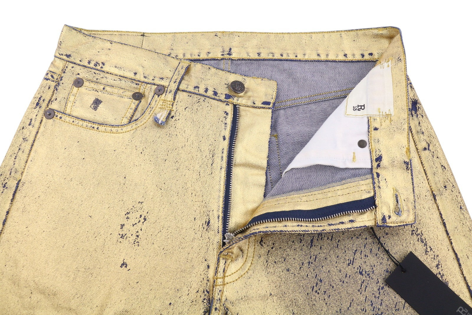 R13 Boyfriend Women Jeans 27 Vintage Gold Indigo Glitter Zip