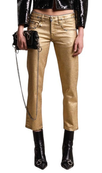 R13 Boy Straight Women Jeans 27 Gold Indigo Glitter Cropped
