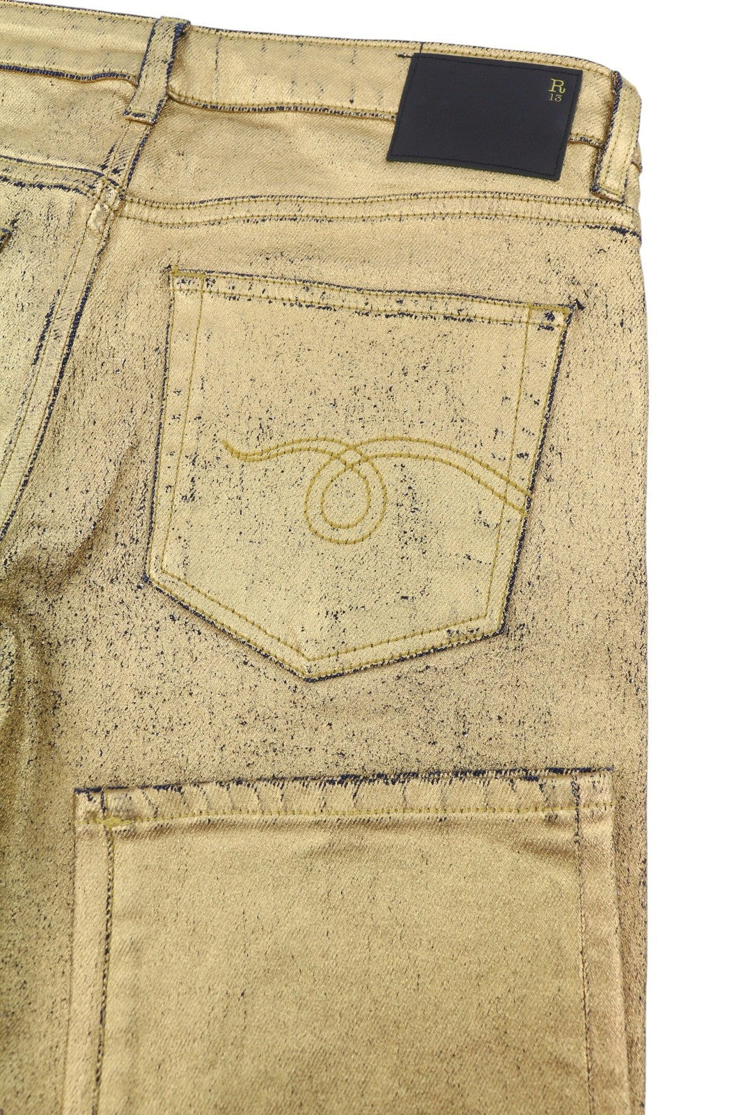R13 Boy Straight Women Jeans 27 Gold Indigo Glitter Cropped