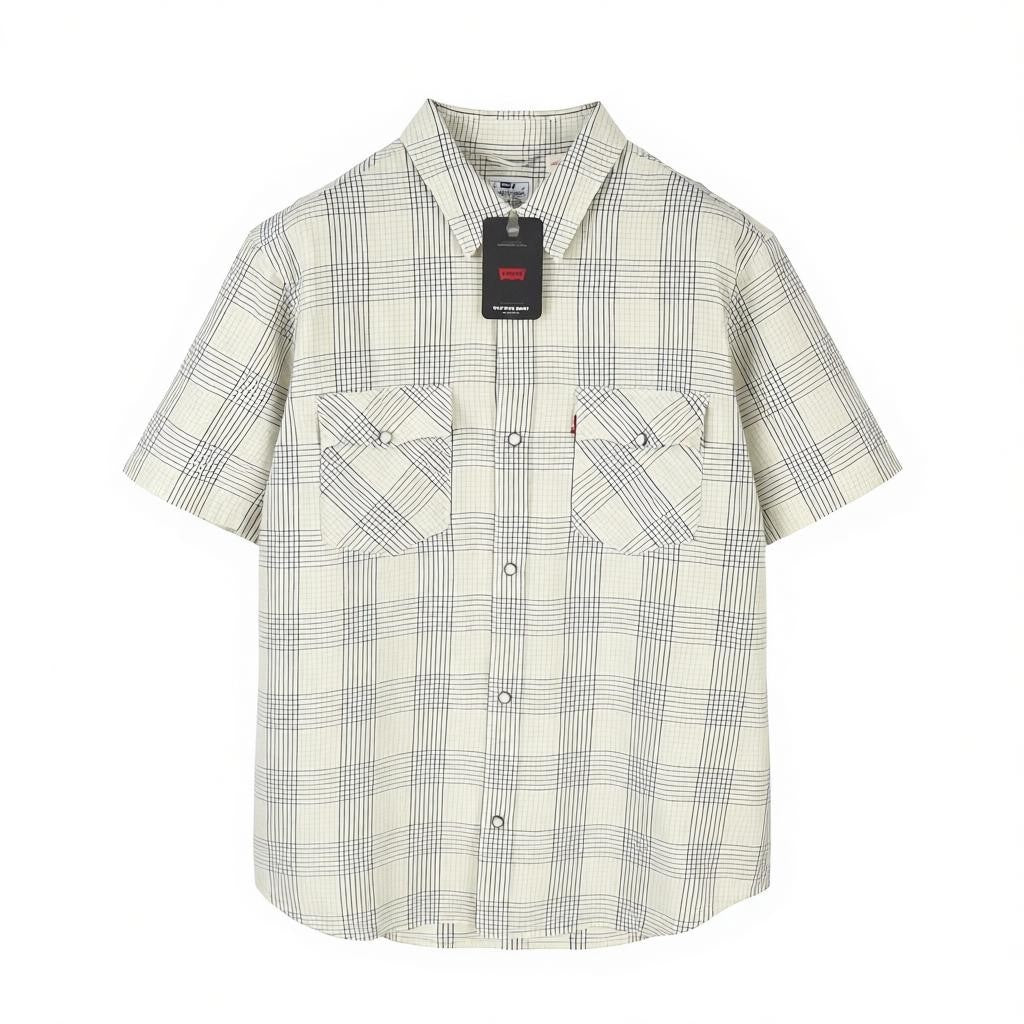 LEVI'S Relaxed Men Shirt L Grey Plaid Snap Button Short Sleeve
