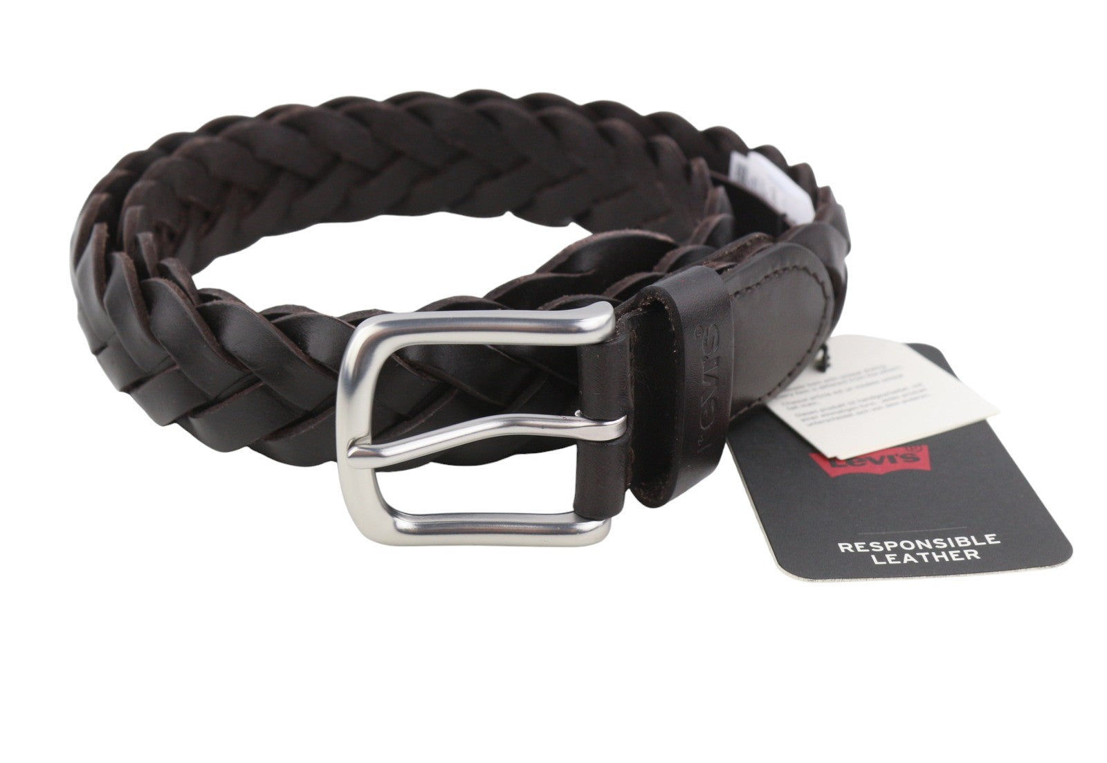 LEVI'S Men Belt 105 CM Dark Brown Full Grain Bovine Leather Braided Buckle