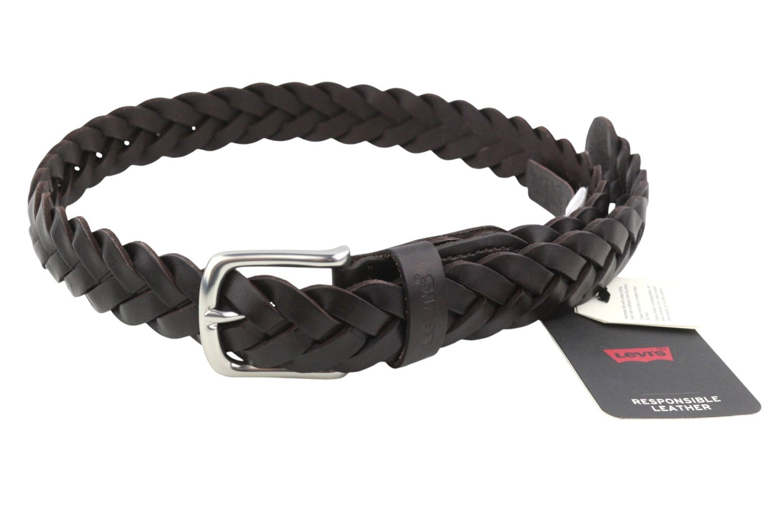 LEVI'S Men Belt 80 CM Dark Brown Full Grain Bovine Leather Braided Buckle