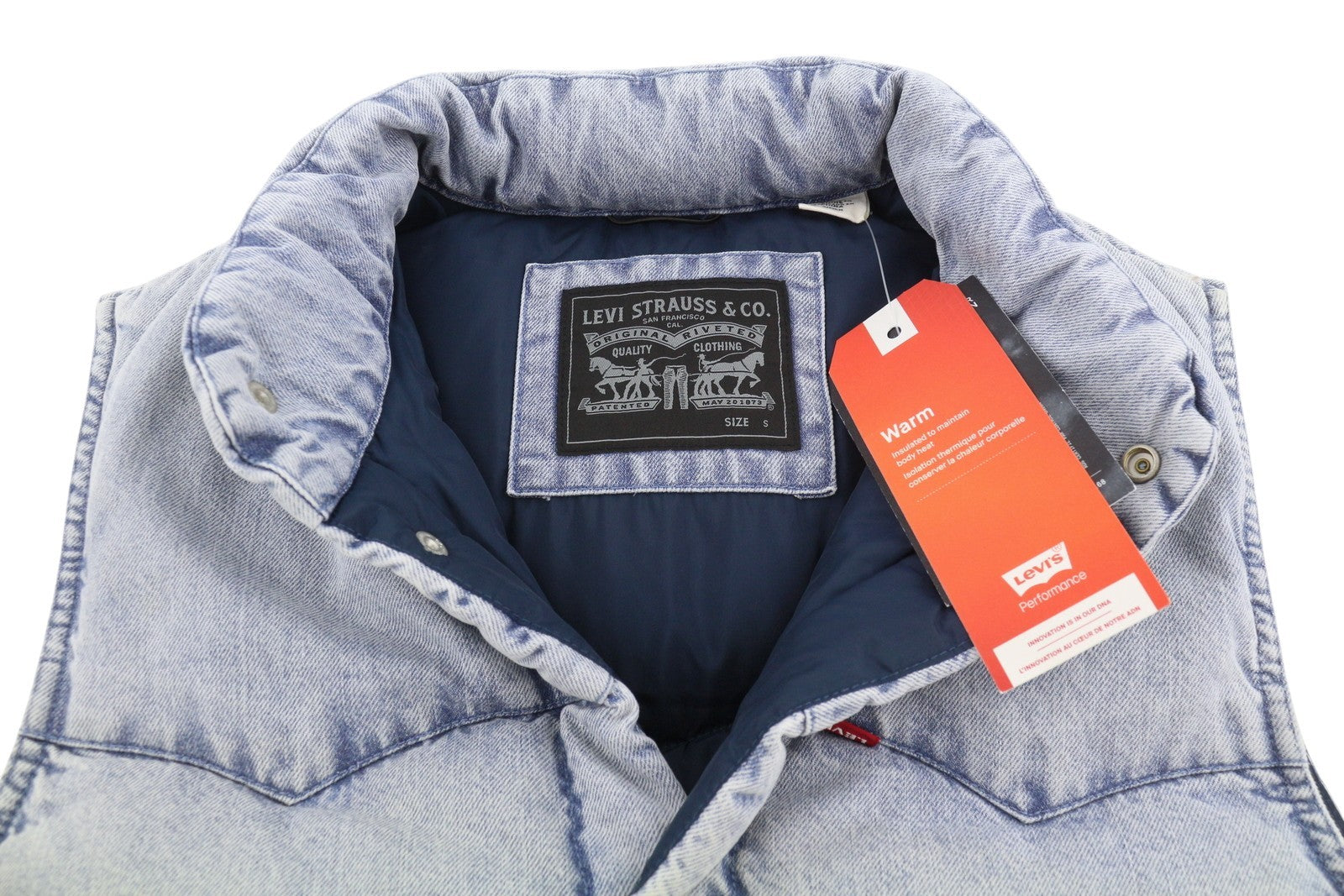 LEVI'S Men Waistcoat S Blue Faded Down Filled Quilted Warm Performance Big E
