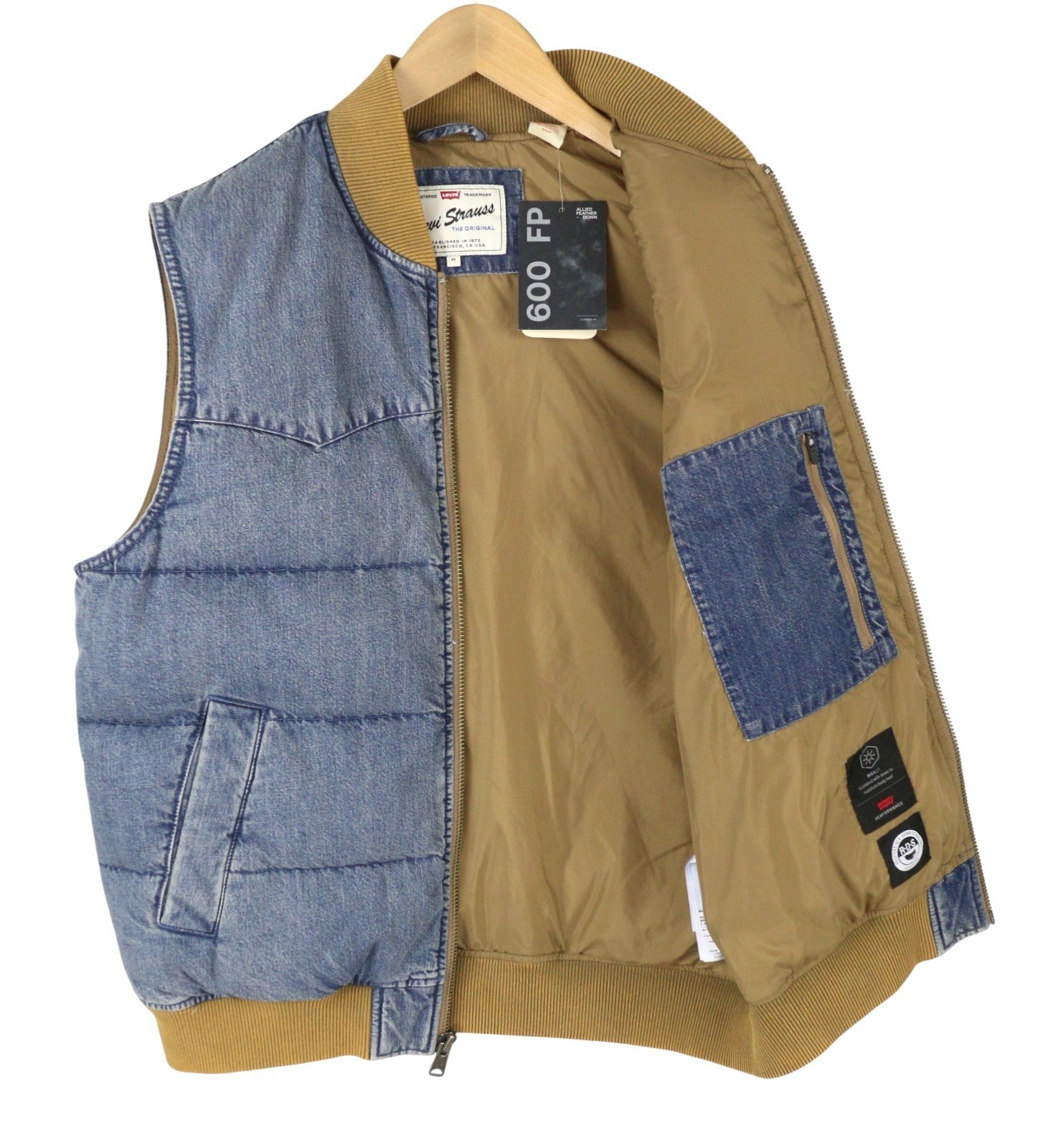 LEVI'S Men Waistcoat M Blue Faded Down Filled Quilted Warm Performance Big E