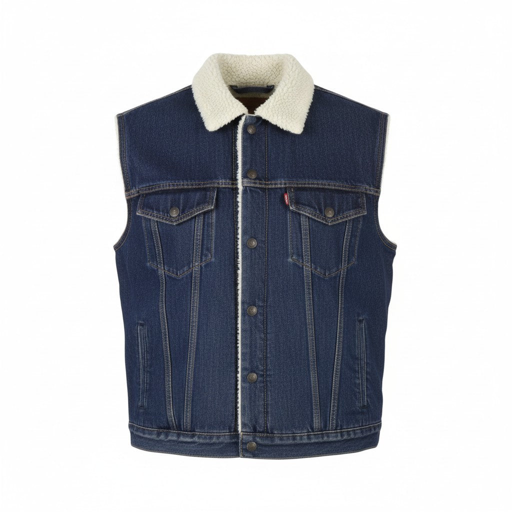LEVI'S Men Waistcoat M Blue Premium Big E Sherpa Lined Buttoned Trucker Denim