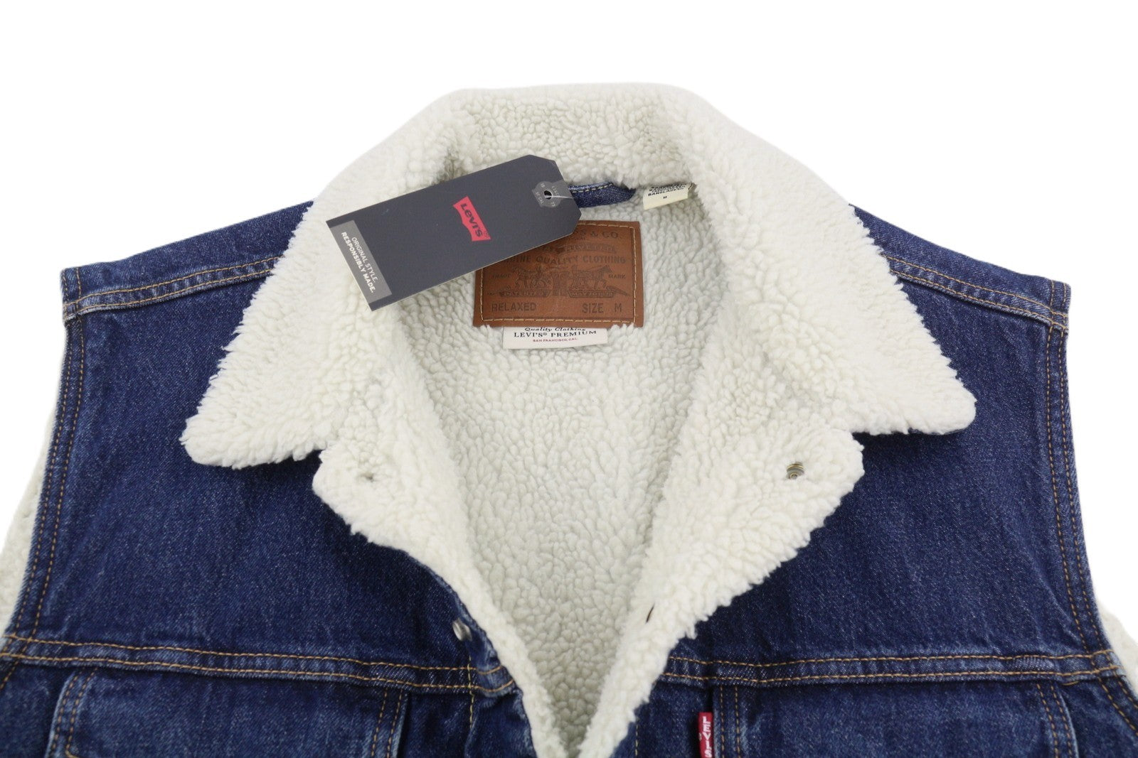 LEVI'S Men Waistcoat M Blue Premium Big E Sherpa Lined Buttoned Trucker Denim