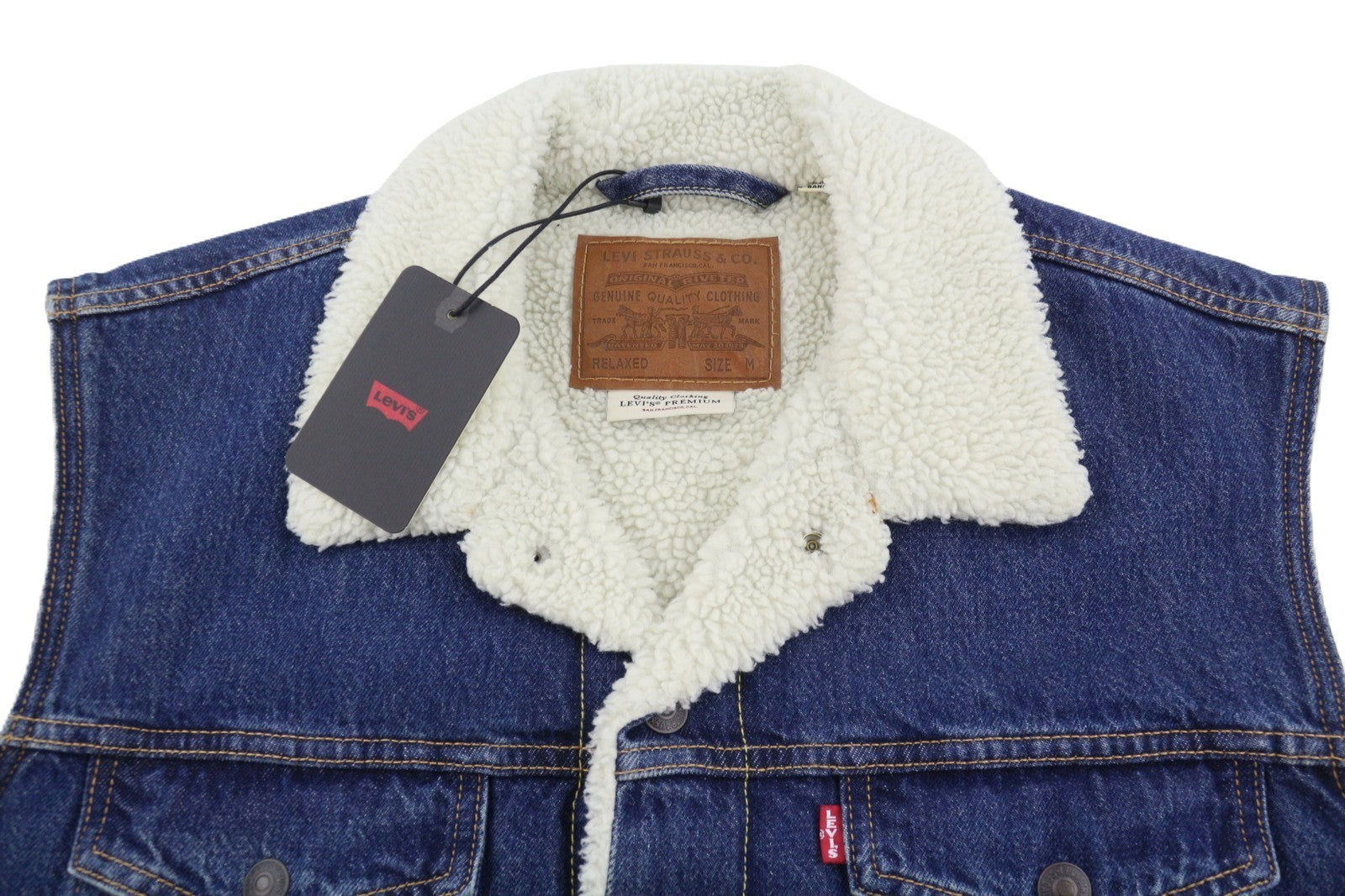 LEVI'S Men Waistcoat M Blue Premium Big E Sherpa Lined Button Trucker Denim