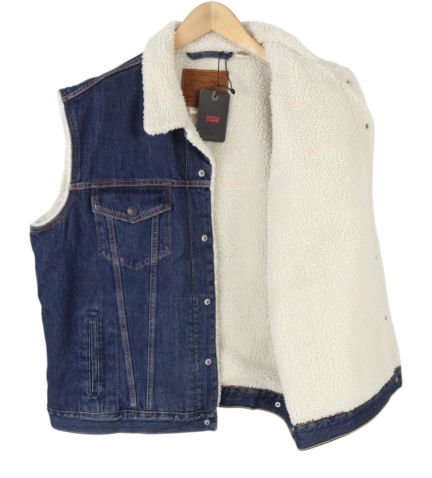 LEVI'S Men Waistcoat M Blue Premium Big E Sherpa Lined Button Trucker Denim