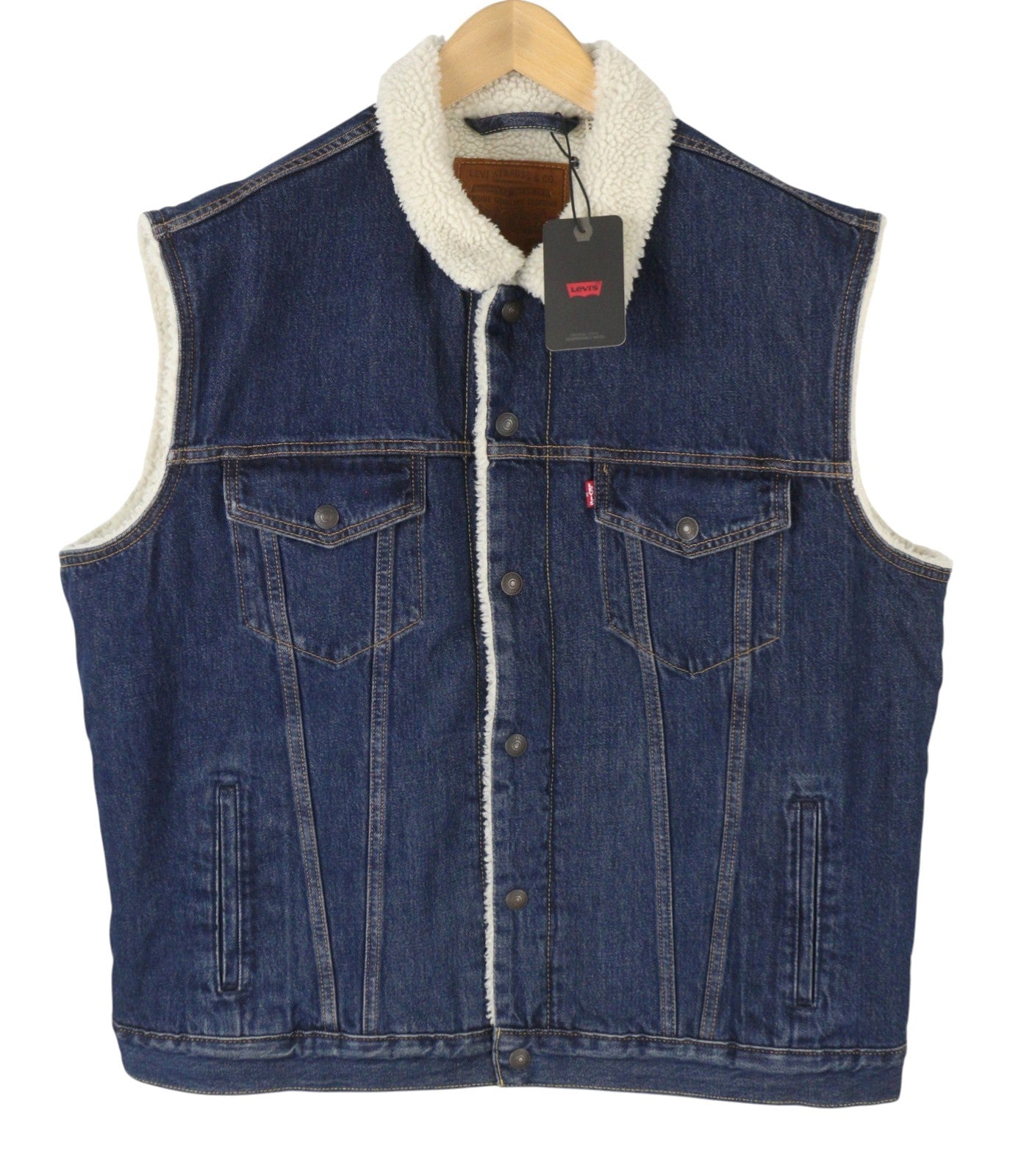 LEVI'S Men Waistcoat L Blue Premium Big E Sherpa Lined Buttoned Trucker Denim