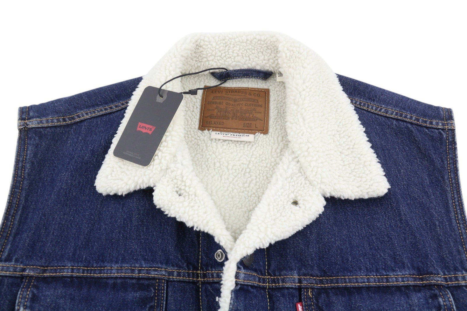LEVI'S Men Waistcoat L Blue Premium Big E Sherpa Lined Buttoned Trucker Denim