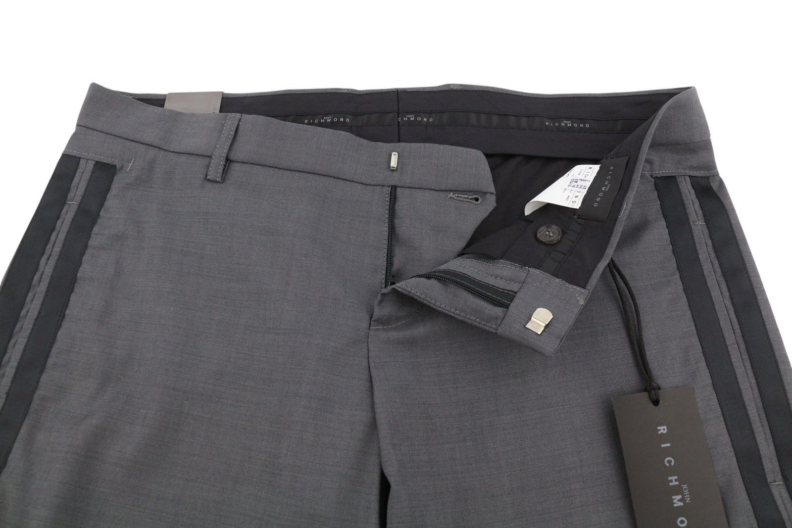 JOHN RICHMOND Women Trousers EU44 Grey Wool Side Lines Flared Leg Casual