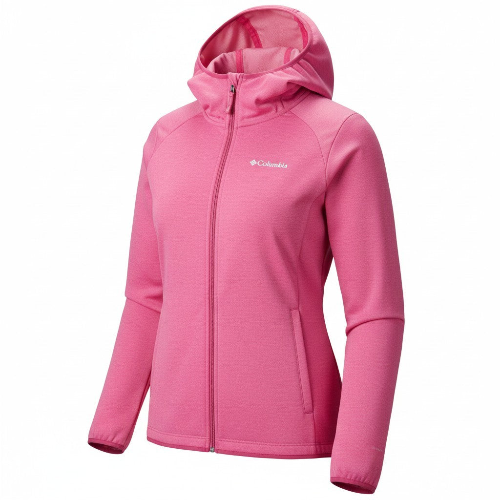 COLUMBIA Women Jacket XL Pink Melange Softshell Hooded Full Zip Lightweight