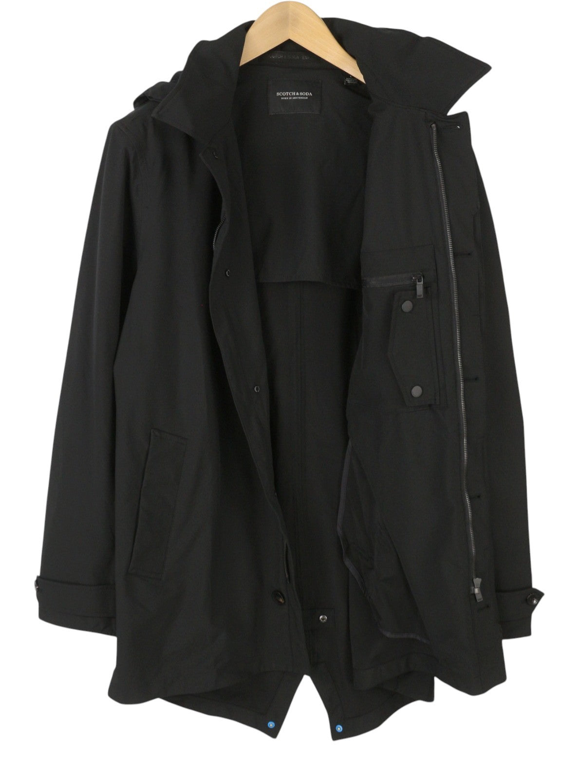 SCOTCH & SODA Men Jacket L Black Removable Hood Full Zip Lightweight Parka