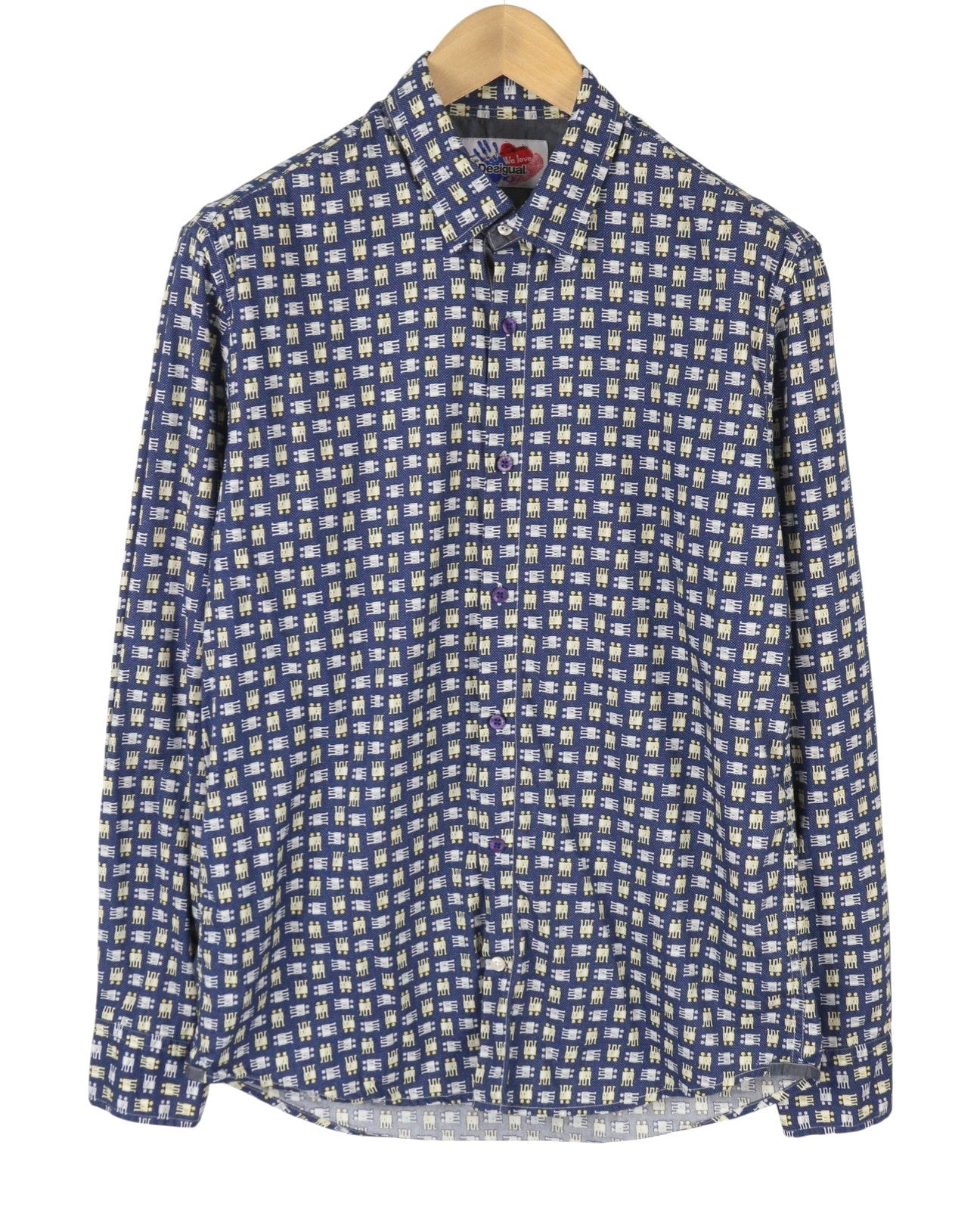 DESIGUAL Men Shirt L Blue Patterned Spread Collar Button-Up Casual