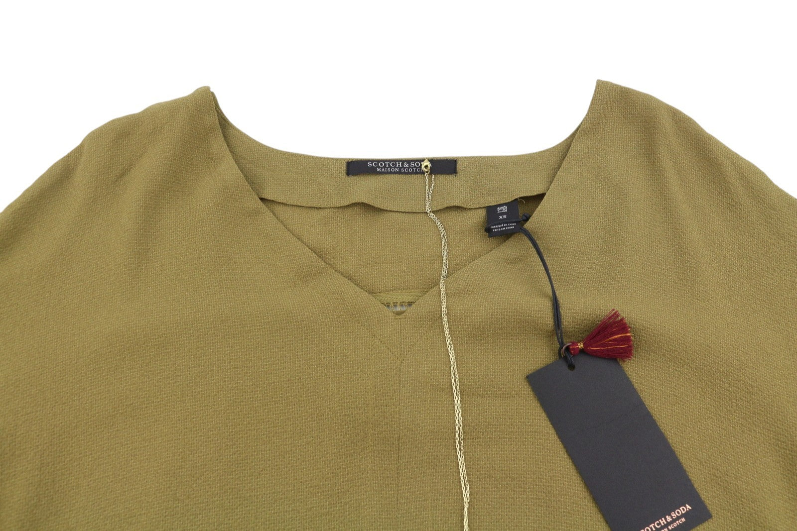 MAISON SCOTCH Women Dress XS Khaki Green V-Neck Short Sleeve Mini
