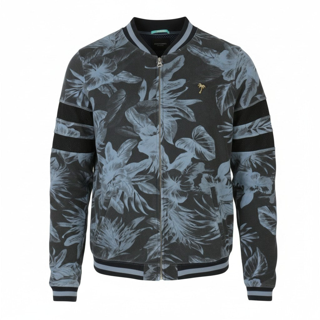 SCOTCH & SODA Men Sweatshirt L Blue Floral Print Bomber Neck Full Zip