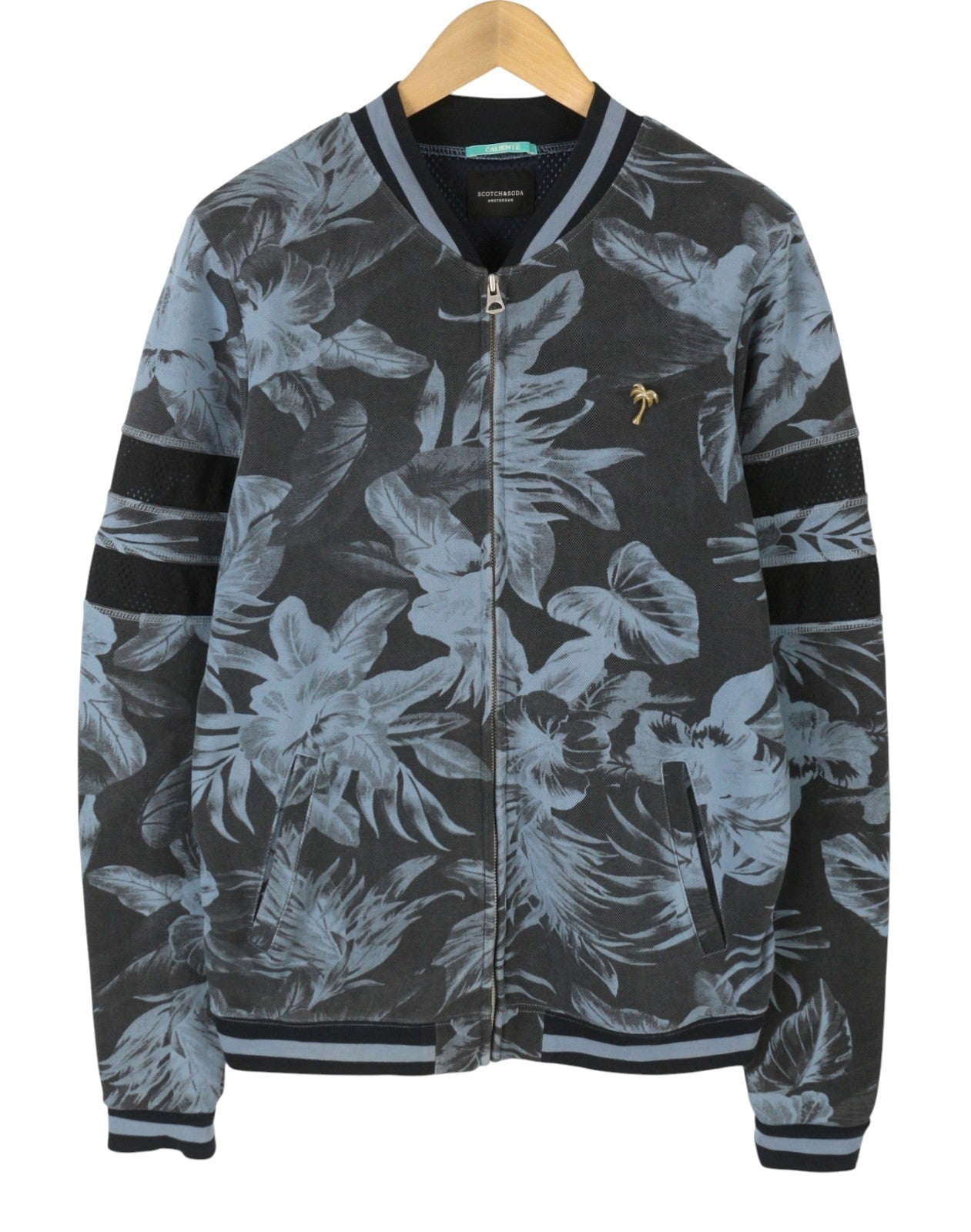 SCOTCH & SODA Men Sweatshirt L Blue Floral Print Bomber Neck Full Zip