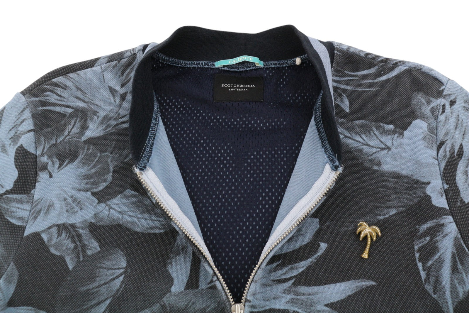SCOTCH & SODA Men Sweatshirt L Blue Floral Print Bomber Neck Full Zip
