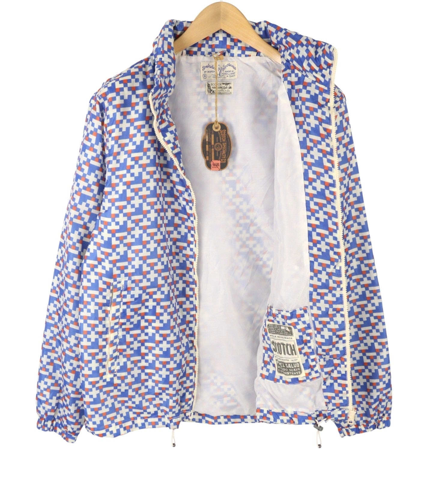 SCOTCH & SODA Men Jacket M Blue Patterned Hidden Hood Full Zip Lightweight