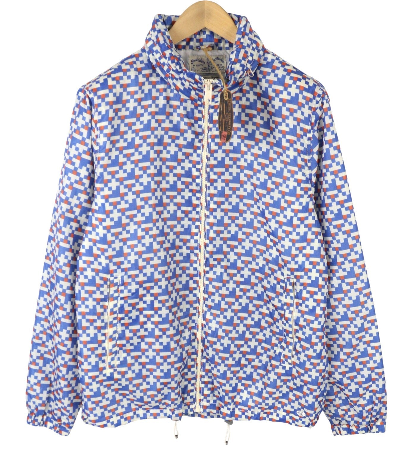 SCOTCH & SODA Men Jacket M Blue Patterned Hidden Hood Full Zip Lightweight