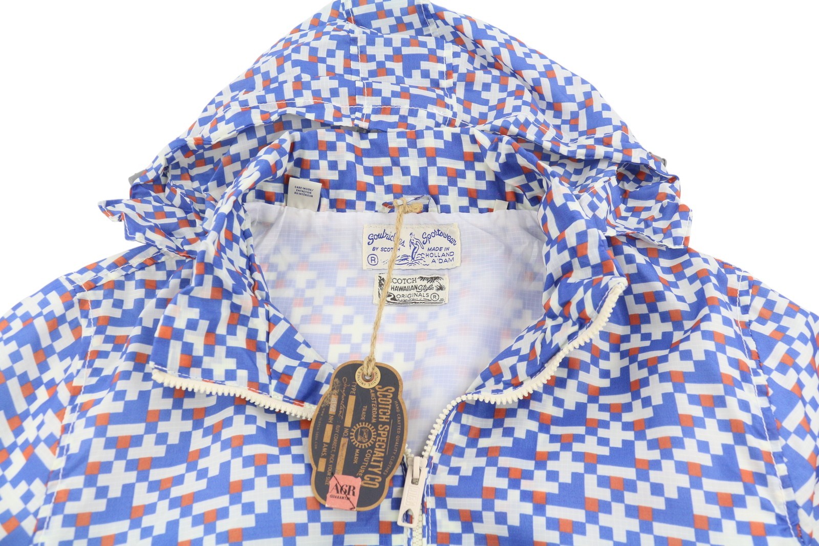 SCOTCH & SODA Men Jacket M Blue Patterned Hidden Hood Full Zip Lightweight