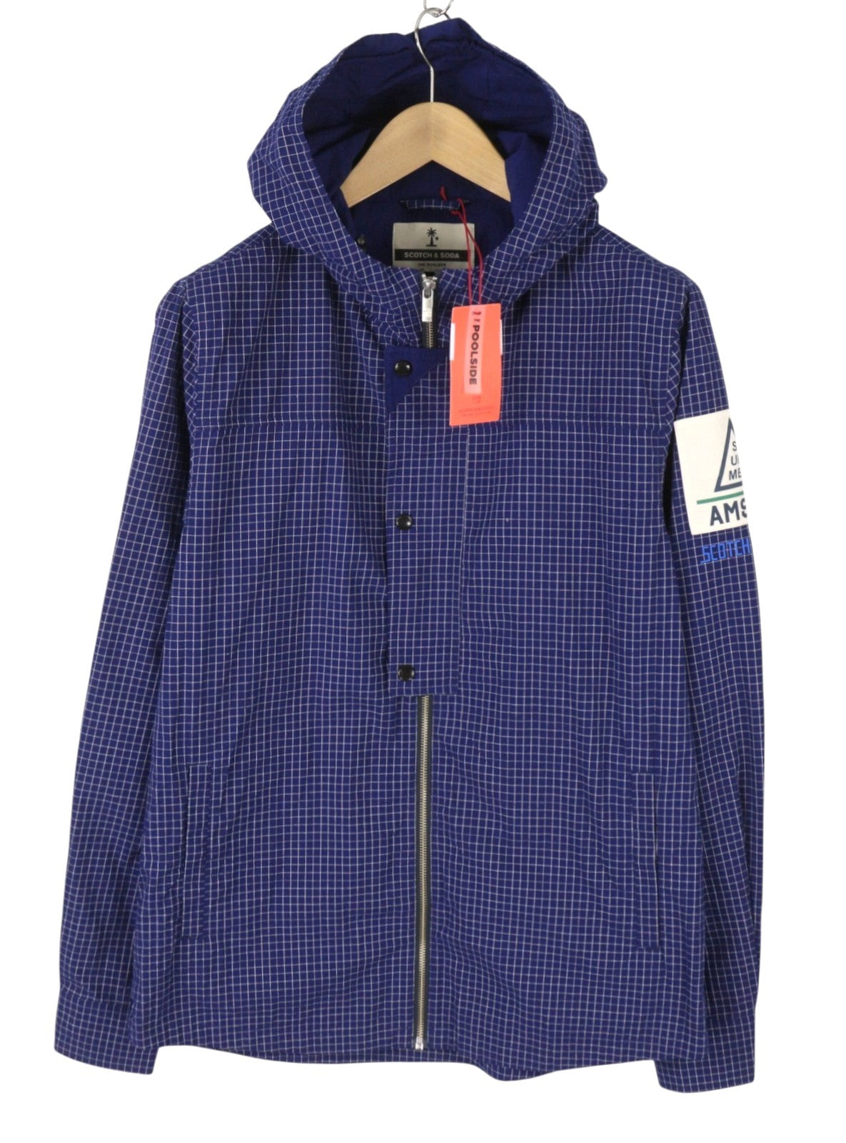 SCOTCH & SODA Men Jacket M Blue Plaid Pattern Hooded Full Zip Lightweight