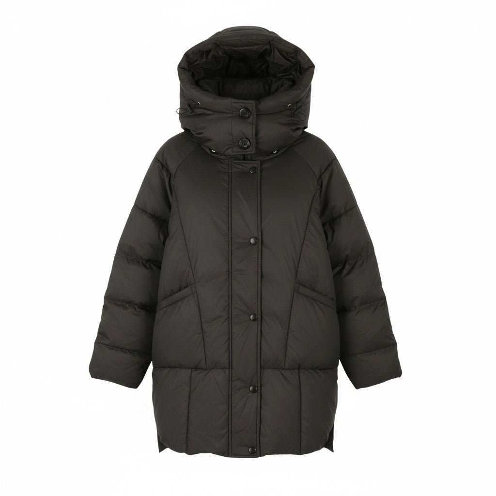 REPLAY W7453 Women Jacket M Dark Brown Padded Quilted Hooded Mid-Length