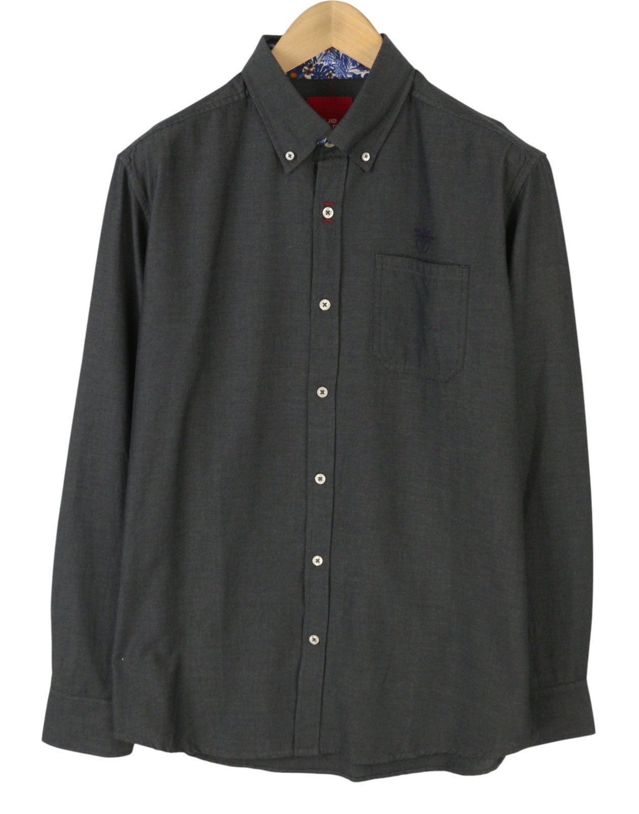 BLUE FIELDS Men Shirt L Grey Melange Patterned Button-Down Collar Casual