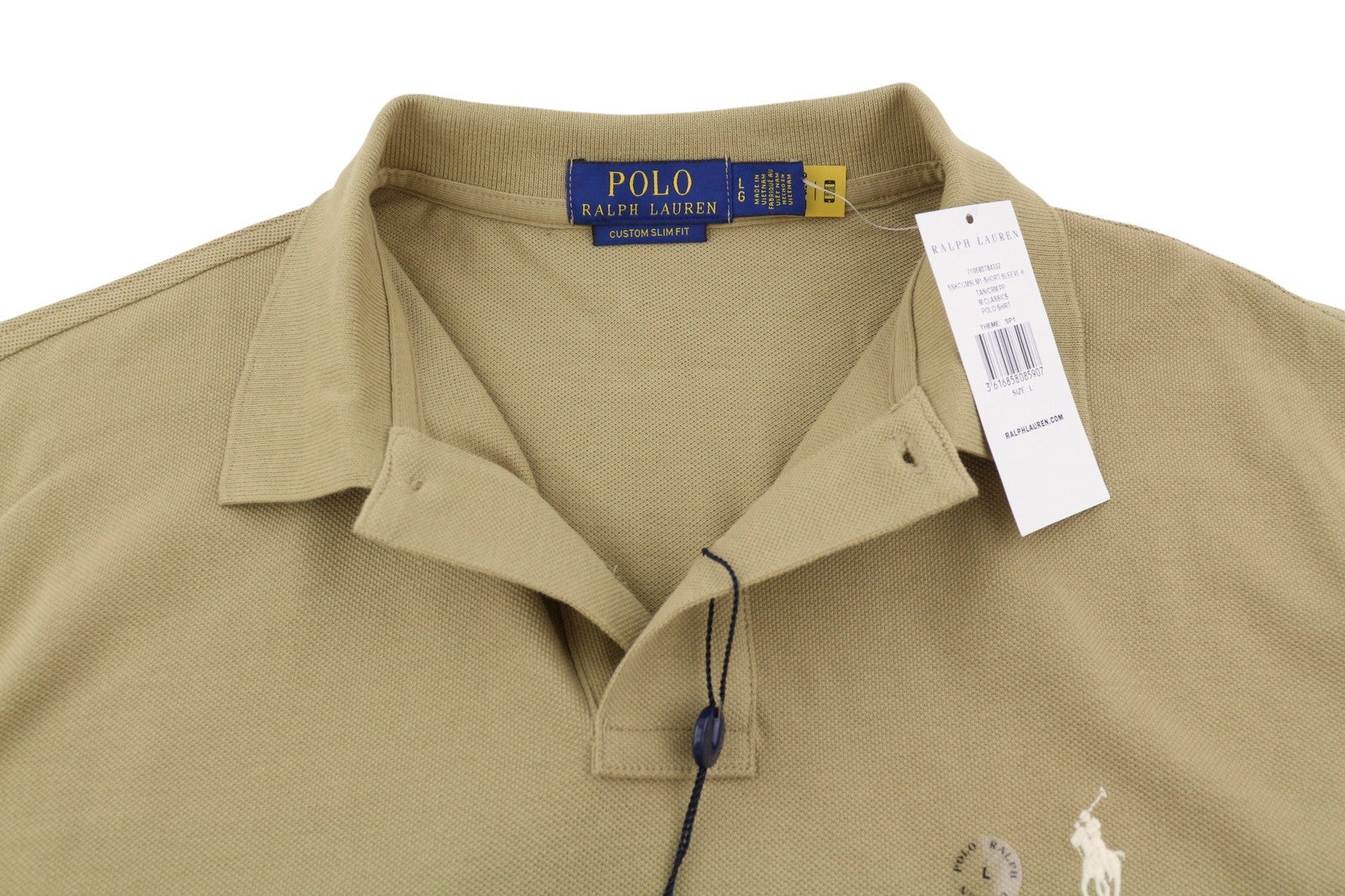 RALPH LAUREN Custom Slim Fit Men Polo L Beige Cotton Logo Short Sleeve