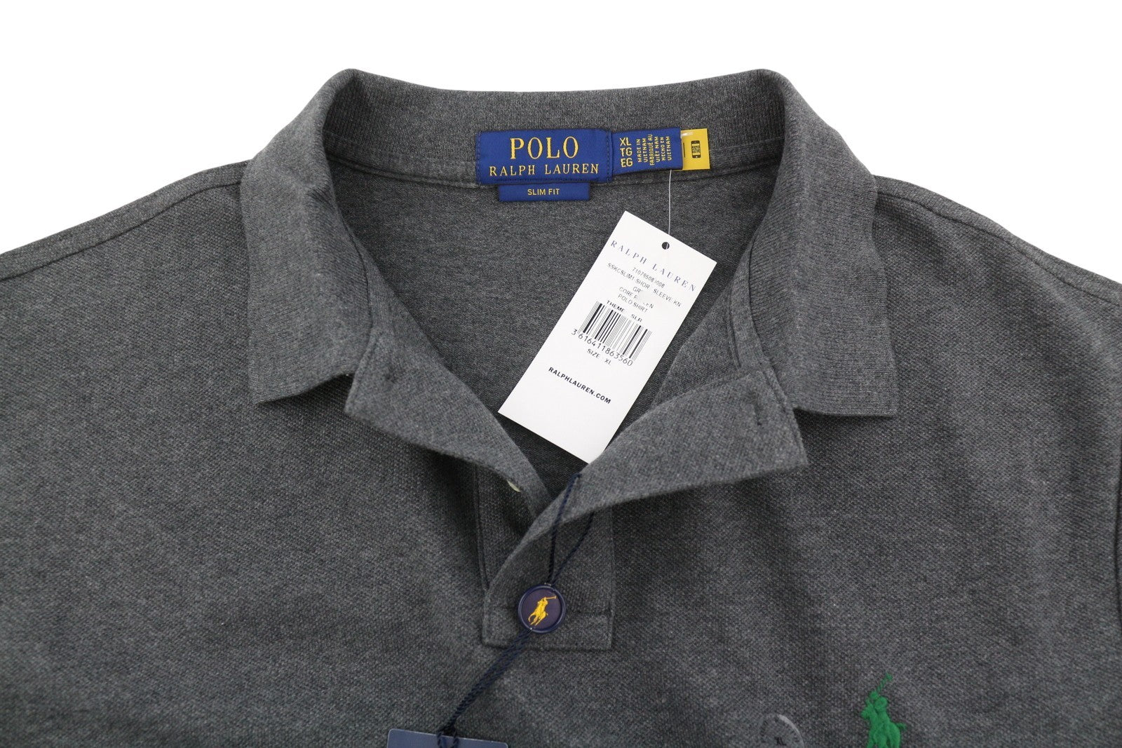 RALPH LAUREN Slim Fit Men Polo XL Dark Grey Melange Cotton Short Sleeve