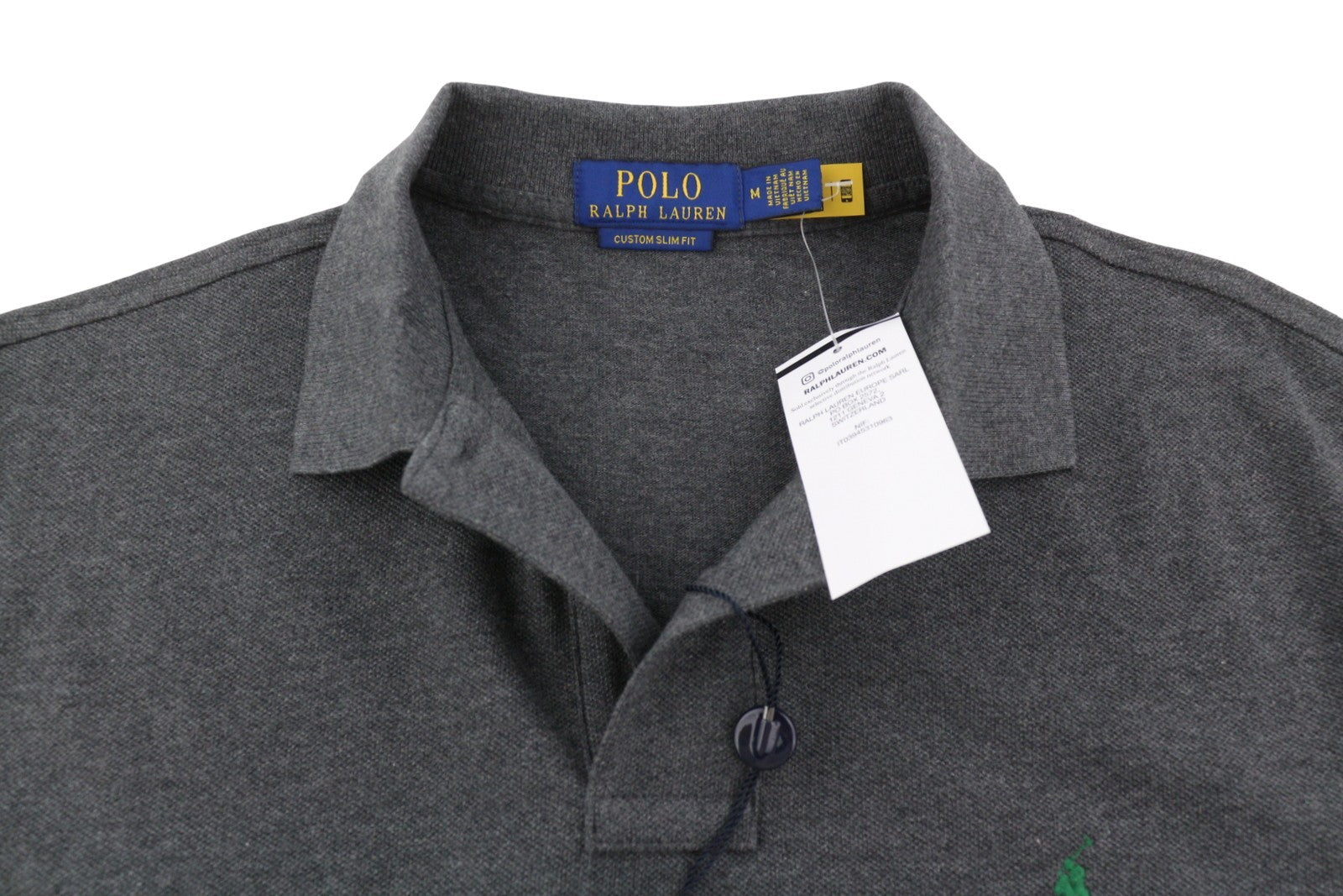 RALPH LAUREN Custom Slim Fit Men Polo M Dark Grey Melange Cotton Sleeve